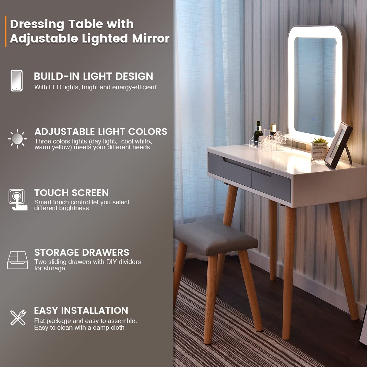 YOURLITE Dressing Table with LED Lights Mirror White Vanity Makeup