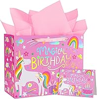Vista 12 de WRAPAHOLIC Bolsa de regalo de cumpleaños grande de 13 pulgadas con tarjeta y papel de seda, adorable unicornio con lámina plateada holográfica