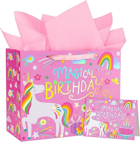 Miniatura 12 de WRAPAHOLIC Bolsa de regalo de cumpleaños grande de 13 pulgadas con tarjeta y papel de seda, adorable unicornio con lámina plateada holográfica