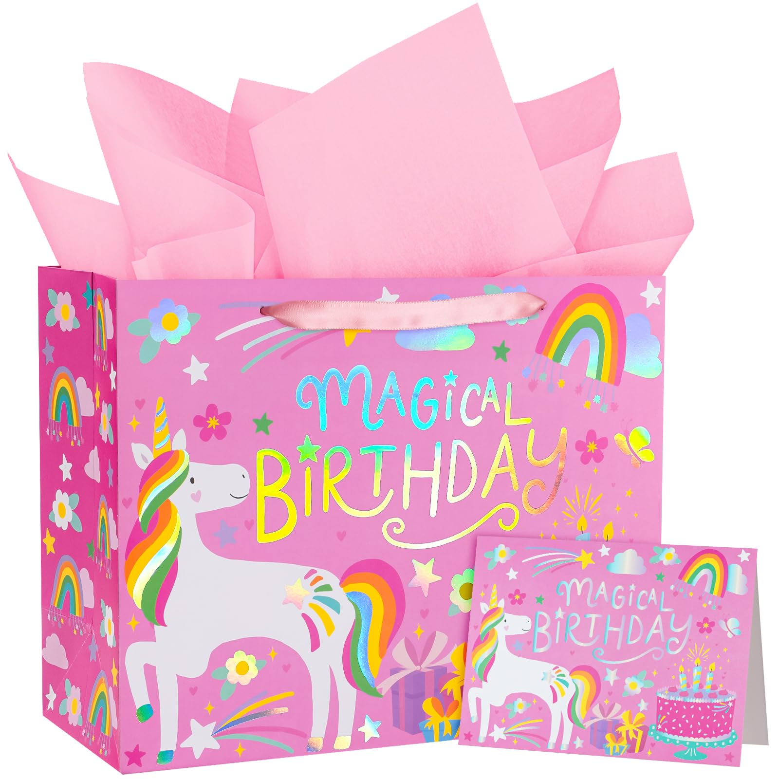 WRAPAHOLIC 13" Large Unicorn Birthday Gift Bag with Card and Tissue Paper - Rainbow Foil Unicorn Paper Bags for Baby Girl Shower and Birthday