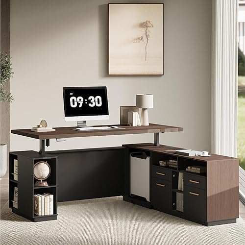 71" Standing Desk with 2 File Cabinet, AC/USB, 1.18" Desktop, L Shaped Height Adjustable Desk, Electric Furniture Set with Multiple Functions for Home and Office, Black Walnut