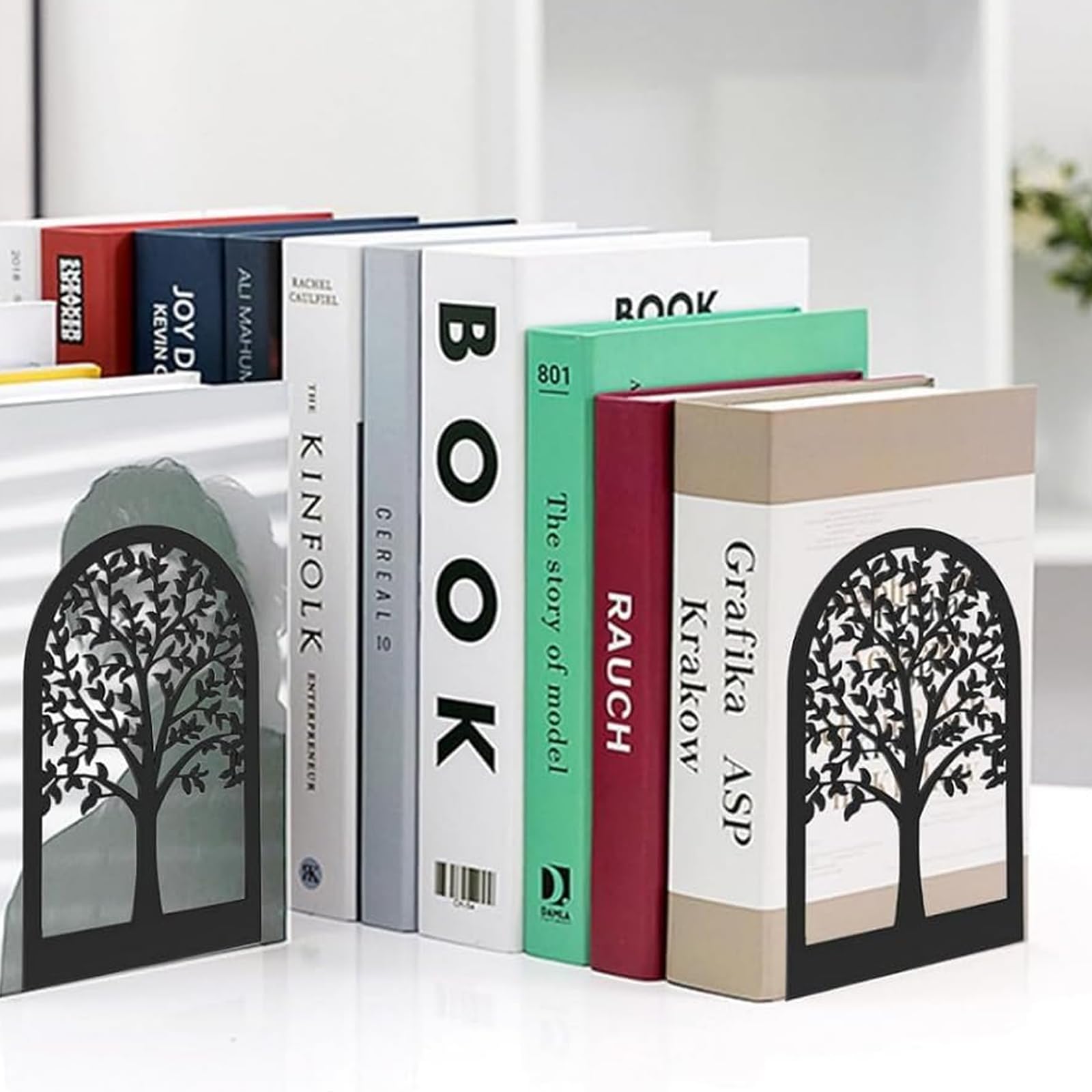 Lot de 8 serre-livres en métal noir avec motif d'arbre - Serre-livres en organza avec butoirs antidérapants - Bords arrondis sûrs - Pour l'école, la maison, le bureau