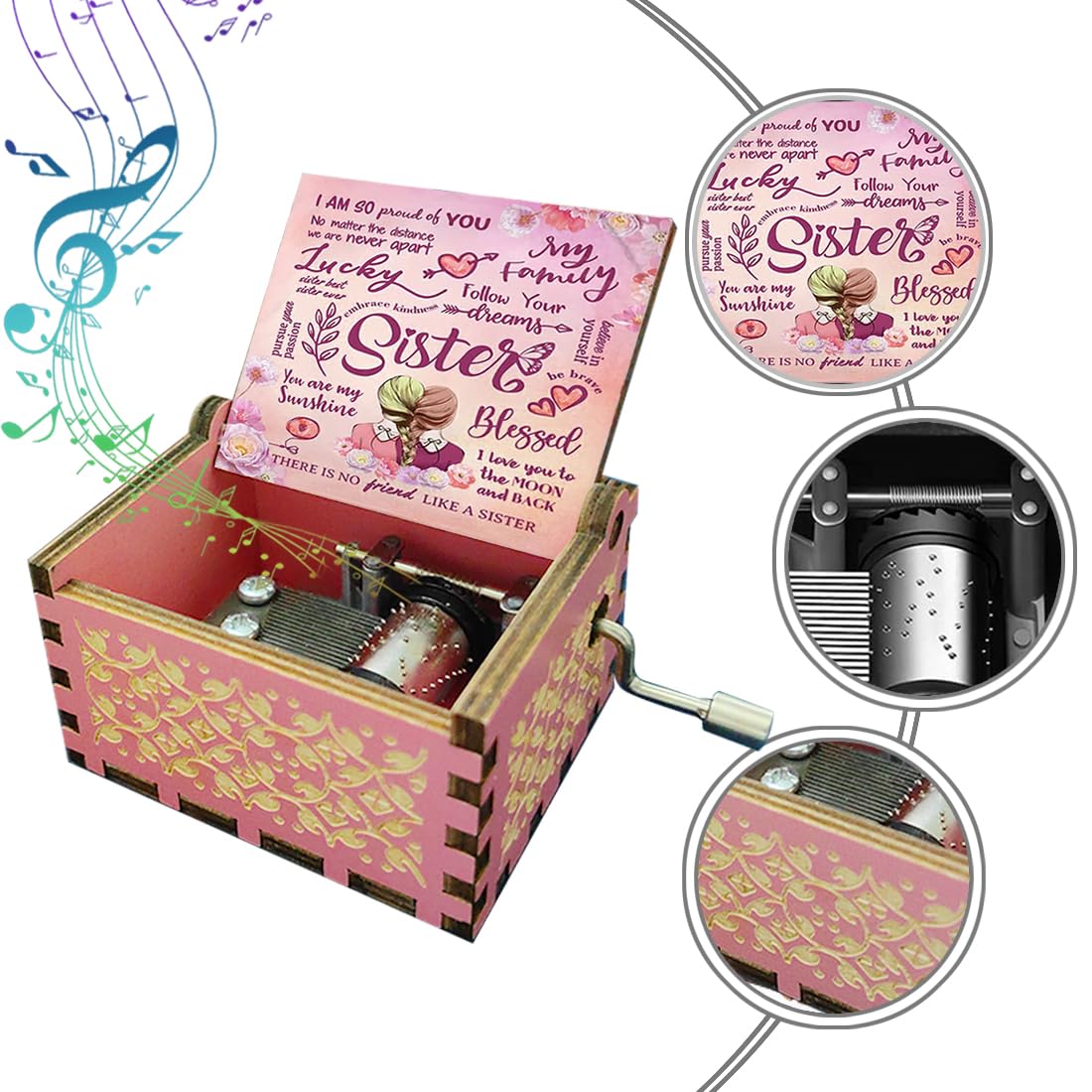 Music Box Gifts for Sisters, You are My Sunshine Music Box, Wood Laser Engraving Vintage Music Box, Best Gift for Birthday/Holiday, Halloween/Christmas (for Your Sisters)