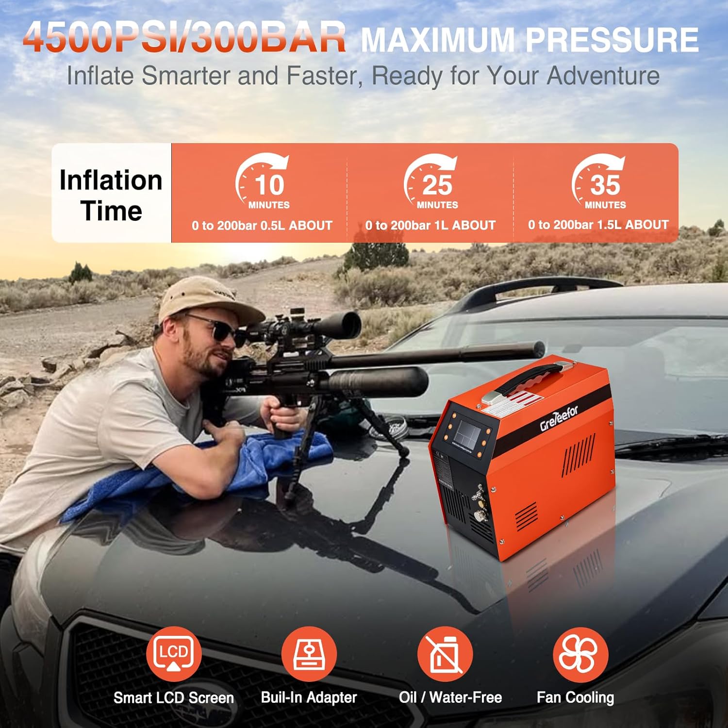 PCP Air Compressor 4500 PSI / 30 MPa, 350W Motor, LCD Display, Auto Stop, Water/Oil-Free, Built-in 600W Adapter, 12V DC & 110V/220V AC Power for Paintball Tanks, Airguns & Air Rifles - Image 5