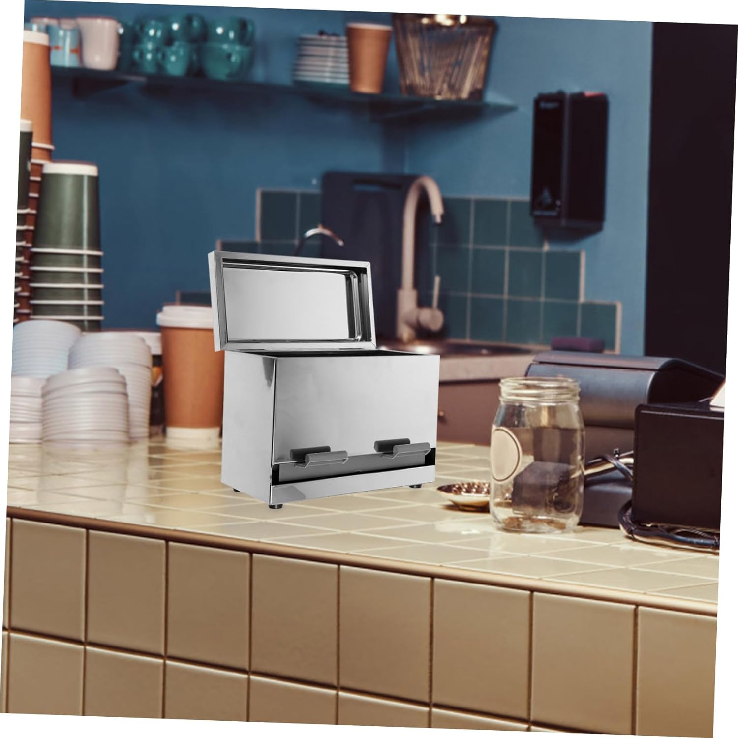 Ciieeo Automatic Press Straw Dispenser and Chopstick Holder Large Capacity Stainless Steel Storage Box for Restaurant Multi-functional Cutlery Organizer Lid