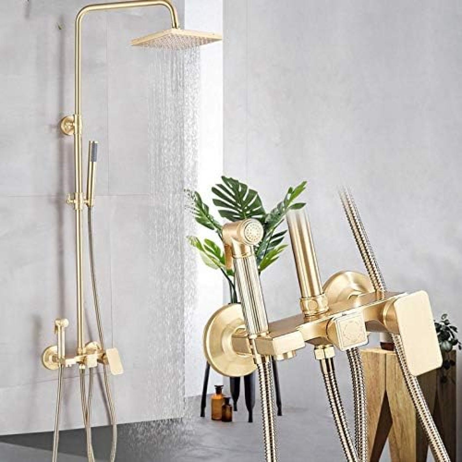 NGDFGR Brushed Gold Shower Set Bathroom Tub Shower Mixer Tap Rainfall Bath Shower Faucet Brass Bidet Head In-Wall Rain Shower Tap,Shower Faucet Set