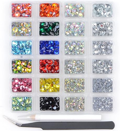 8000 unidades de piedras preciosas de cristal redondas termoadhesivos con parte trasera plana para hacer bricolaje con 1 pinza y 1 bolígrafo de púa