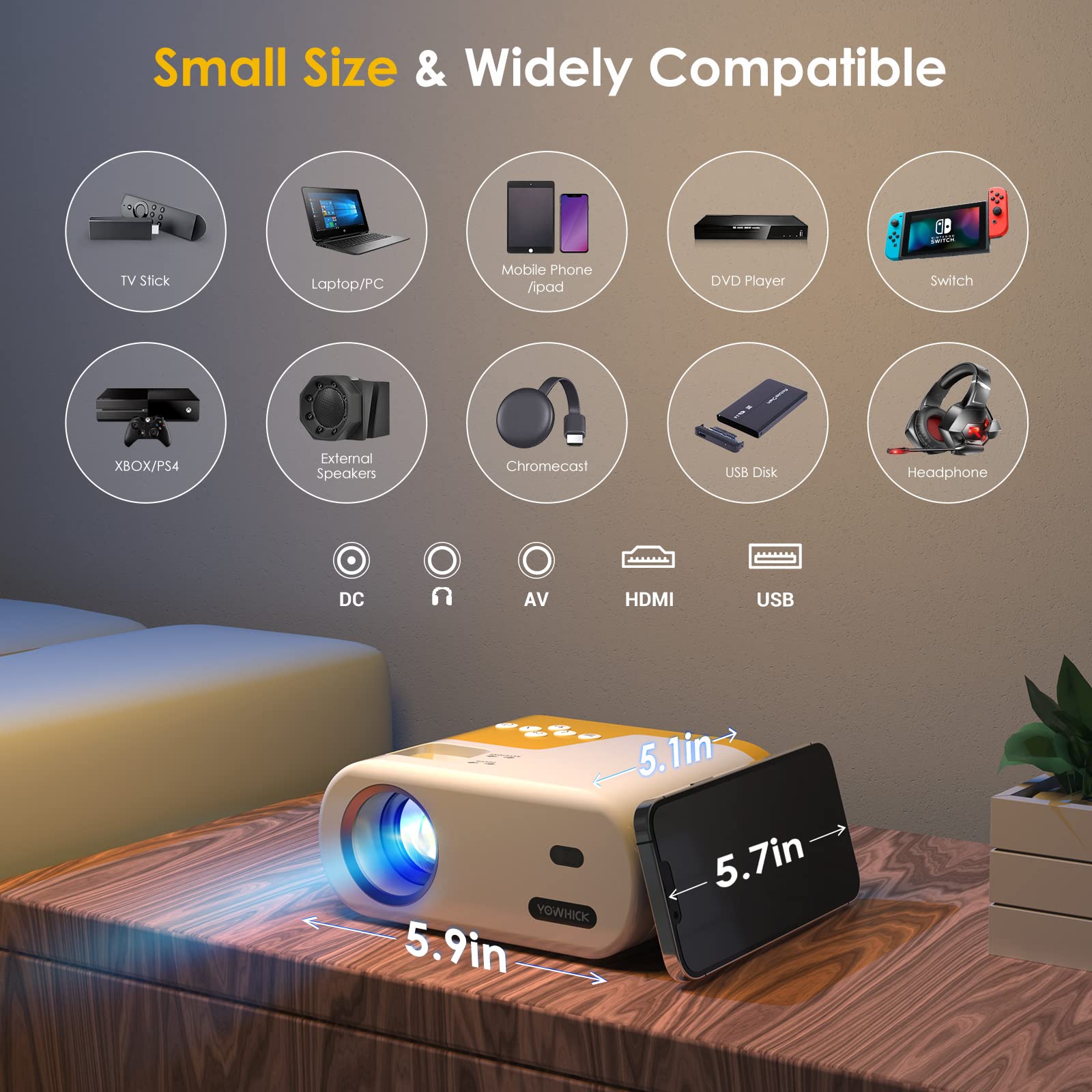 YOWHICK Mini proiettore per iPhone, proiettore nativo 1080P HD, proiettore portatile, proiettore cinematografico compatibile con Android/iOS/Windows/TV Stick/HDMI/USB