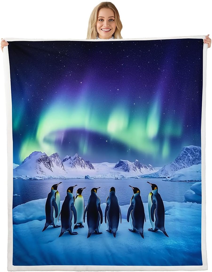Feelyou Penguins Fleece Throw Blanket Twin 60"x80" Aurora Plush Blanket Cartoon Penguin Sherpa Blanket Ocean Blue Fuzzy Blanket Room Decor Small Animall Flannal Blanket