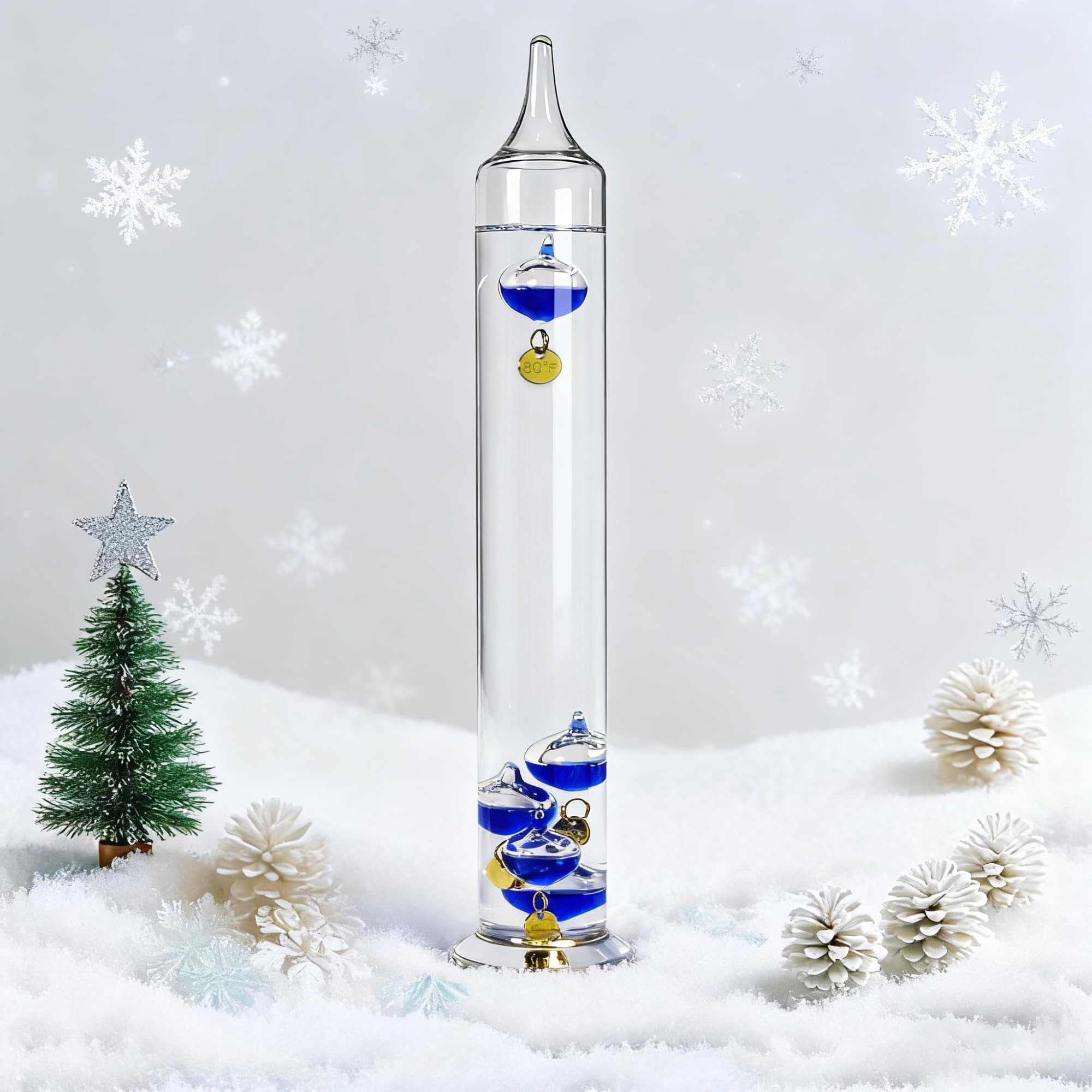 Lily's Home Termometro Galileo in vetro blu da 28 cm con etichette dorate da 64ºF a 80ºF, regalo ideale per amici e familiari, decorazione per interni ed esterni