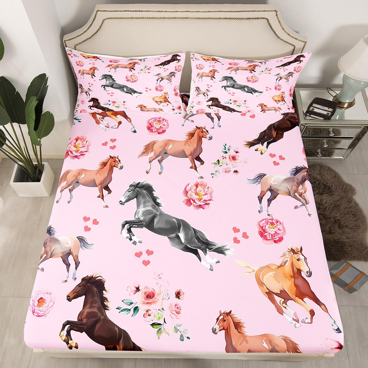 Horse Bed Sheets Full,Girly Pink Romantic Rose Fitted Sheet for Girls Women,Watercolor Galloping Horse Bedding Set for Rustic Lodge,Farmhouse Animal