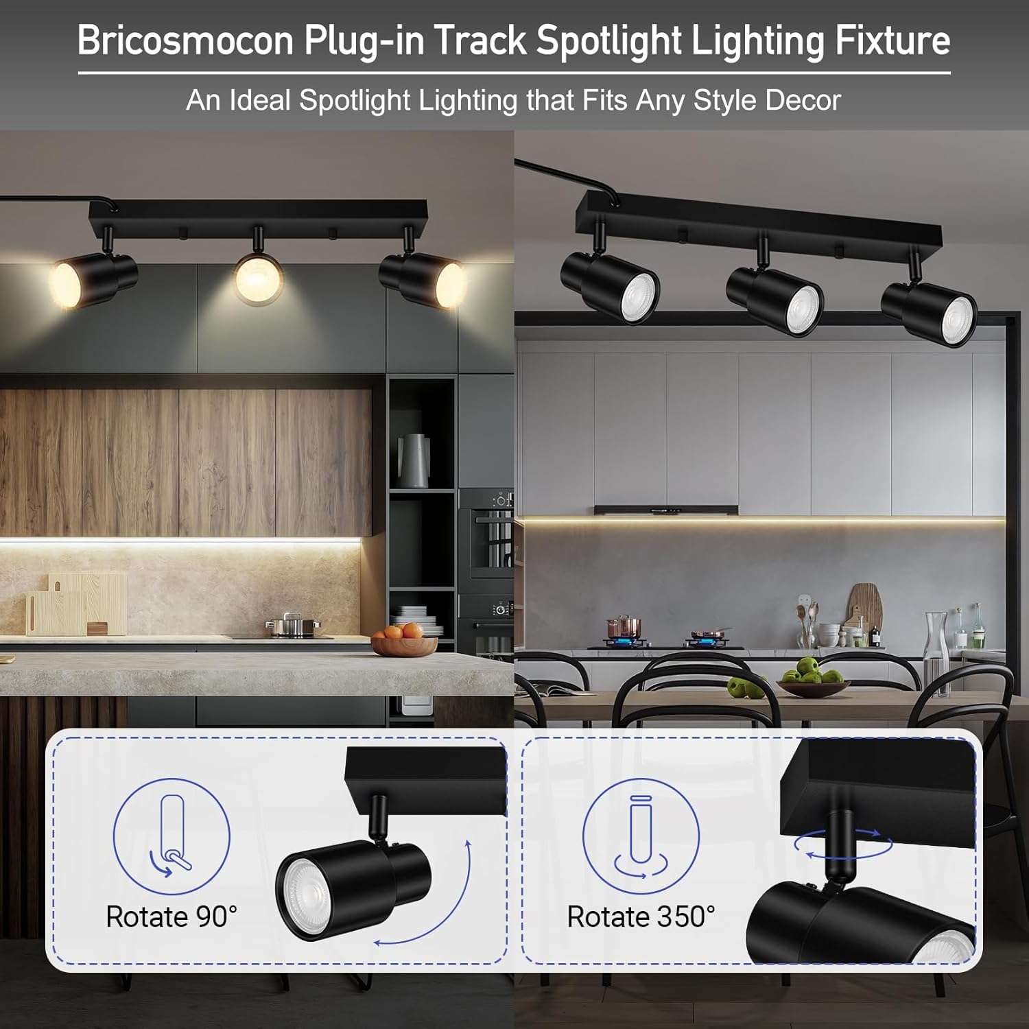 Plug-in Track Lighting LED, Track Light Fixtures Ceiling, Black Plug in Wall Lights with 14.8ft Cord, 3 Way Ceiling Spotlight for Kitchen, Rotatable Light Head for Bedroom Hallway(GU10 Socket,NO Bulb)