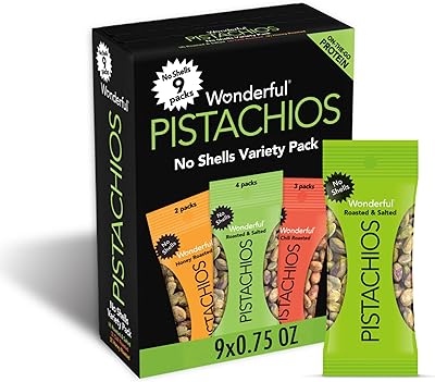 Wonderful Pistachios, No Shells, Variety Pack, 0.75oz (Pack of 9) Roasted & Salted (4), Chili Roasted (3), Honey Roasted (2)