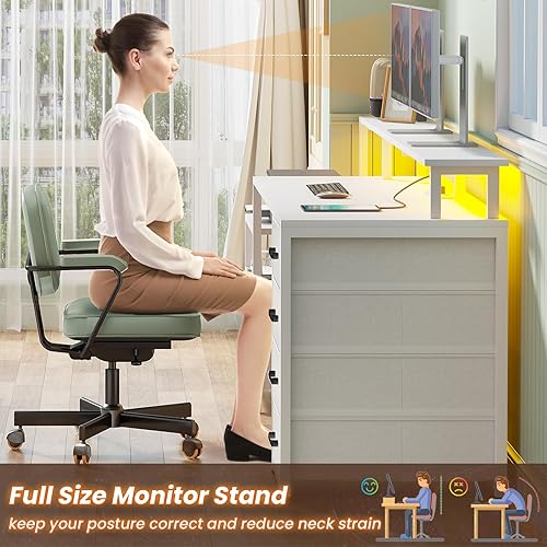 Miniatura 7 de SEDETA Escritorio blanco para computadora con 5 cajones y toma de corriente, escritorio de oficina en casa de 66 pulgadas con cajón de archivos,