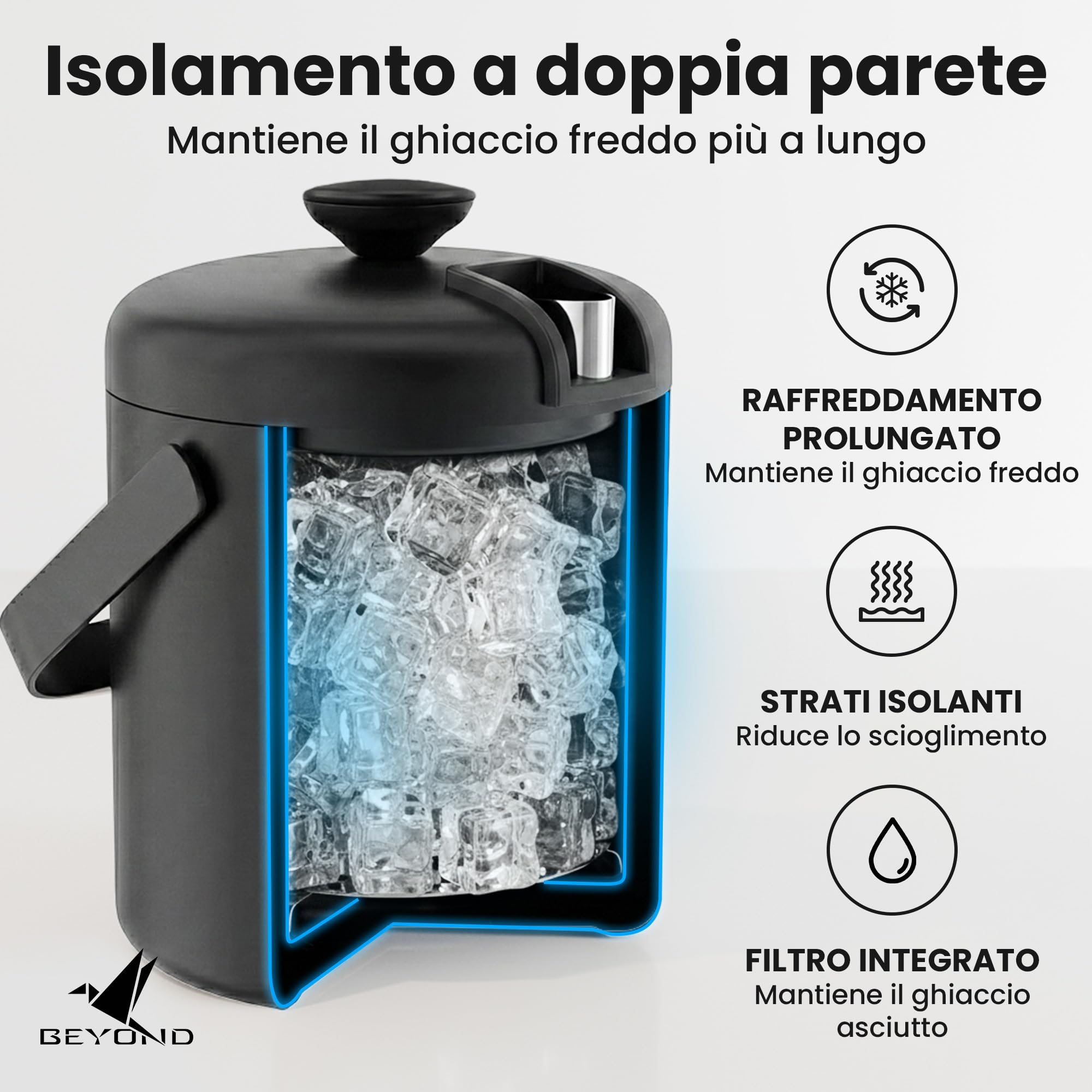 Beyond Secchiello per Ghiaccio con Coperchio e Pinza in Acciaio Inox – Porta Ghiaccio Secchiello Refrigerante Doppia Parete 1,3 Litri, Secchio Ghiaccio, Contenitore per Cubetti di Ghiaccio – Nero