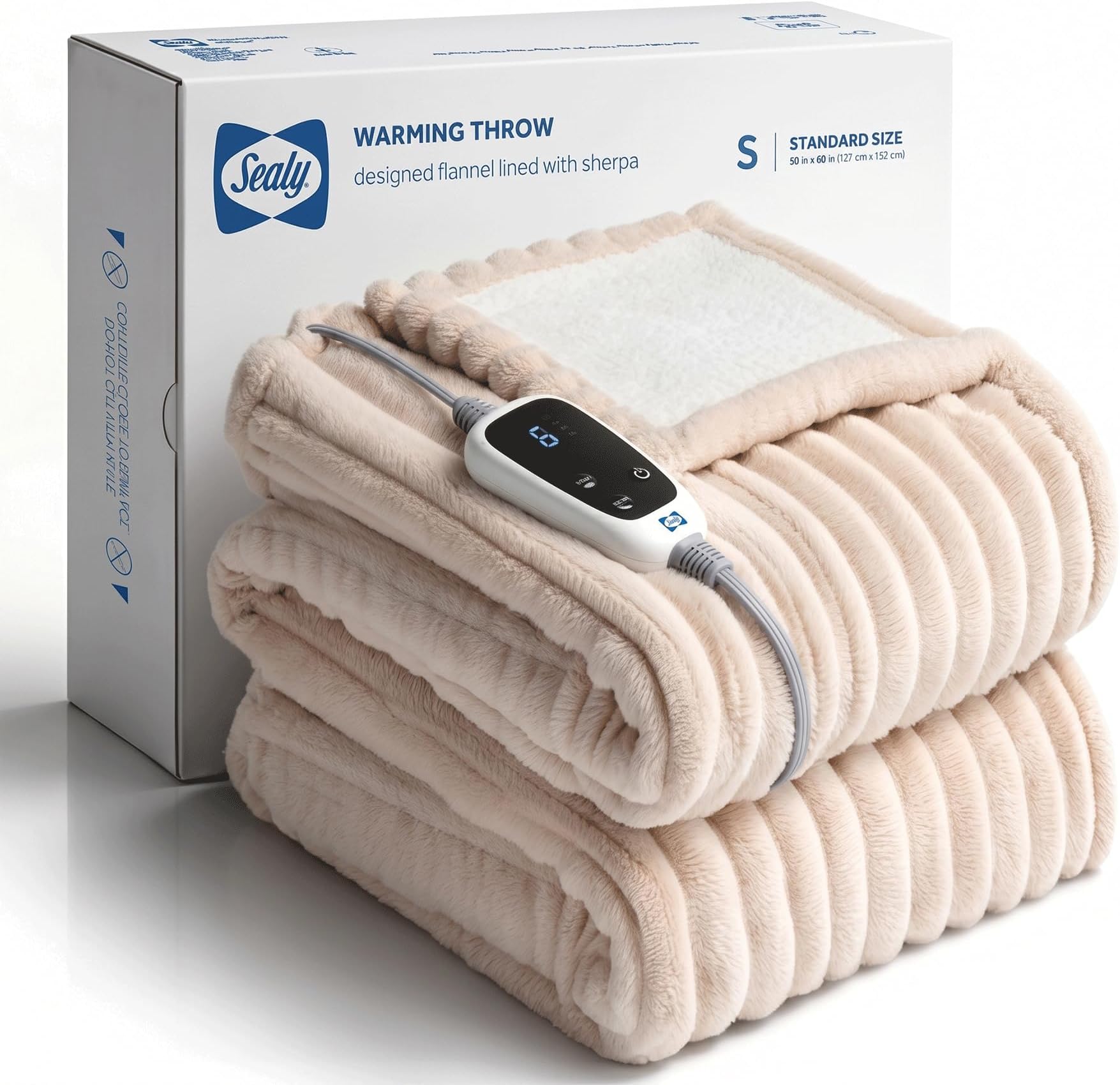 SEALY Electric Blanket Heated Throw, Soft Cozy Ribbed Flannel to Sherpa Reversible Safe Heating with 6 Heat Settings & 2-10 Hours Auto-Off Over-Heat Protection, Machine Washable, 50"x60" Beige