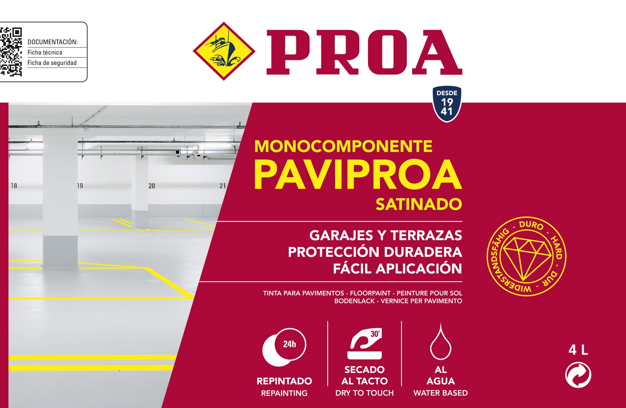 Pintura monocomponente para suelos y garajes al agua. Blanco. 750 ML. Exterior-interior. PAVIPROA SPORT.