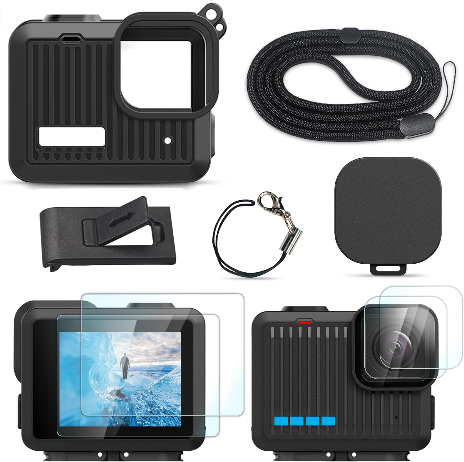 FiTSTILL Silicone Sleeve Rubber Case for Go Pro Hero,Protective Housing Case Replace Battery Side Cover&Screen Protectors& Lens Caps&Lanyard for Hero-4K Accessories Kit