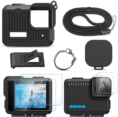 FiTSTILL Kit de Protection en Silicone pour Gopro Hero – Batterie Rechargeable Directement, Protection d’objectif, Bouchon d’objectif, lanière réglable