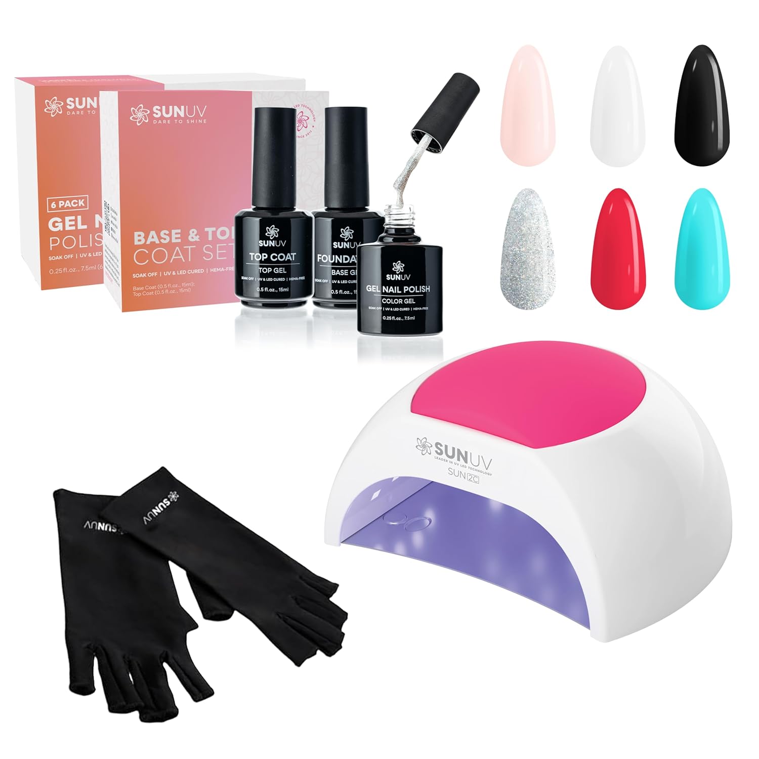 SUNUV SUN2C Rose UV LED Nails Lamp,Hema Free 6 Colors Gel Nail Polish Kit with Top Base Coat and Black Gloves