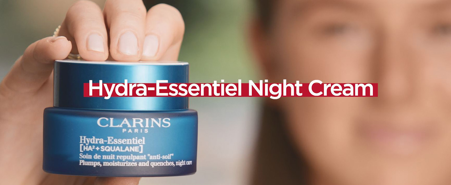 Clarins Hydra-Essentiel Night Cream | Intense Hydrating Moisturizer | 60 Seconds to Plumper Skin* | 24H Hydration* | Double Dose Of Hyaluronic Acid | Vegetal Squalane | All Skin Types | 1.7 Oz