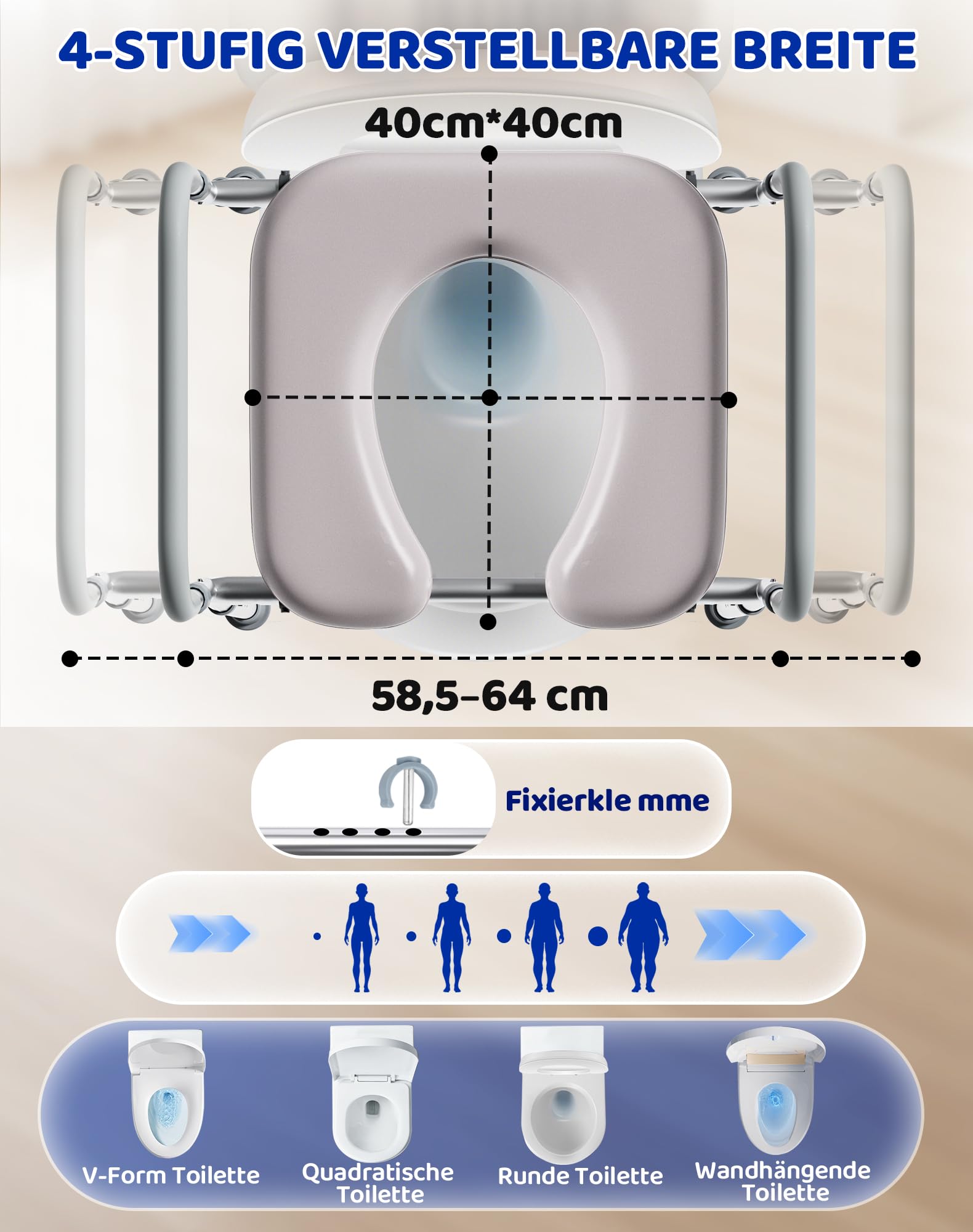 Toilettensitzerhöhung mit Armlehnen WC Sitzerhöhung Aufstehhilfe Toilettenaufsatz für Senioren Erhöhter Toilettensitz mit verstellbarer 8-Stufen Höhe/4-Stufen Breite Toilettenerhöhung bis zu 180kg