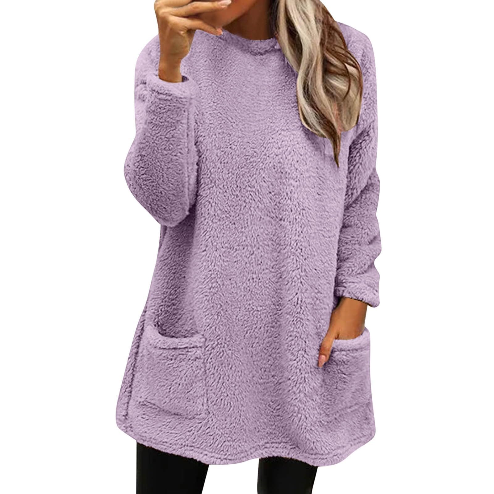 Fleece Pullovr Women Soft Long Sleeve Sherpa Sweater Crewneck Oversized Sweatshirt with Pocket Winter Cozy Loungewear