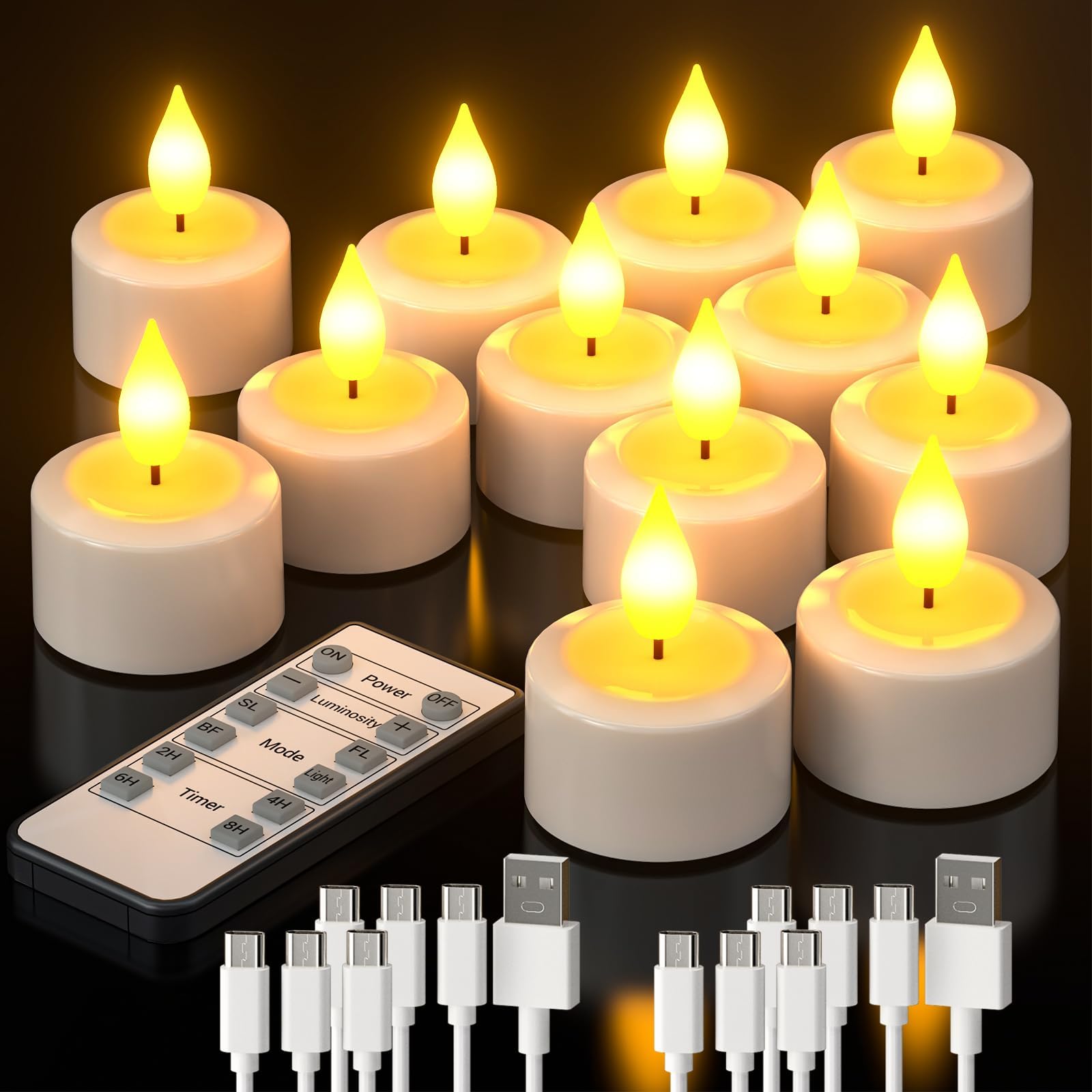 PChero Rechargeable Tea Lights with Remote Timer, 12 Packs Flameless LED Tealights Candles with 2 USB Charging Cables & Remote for Wedding Xmas Halloween Home Decor