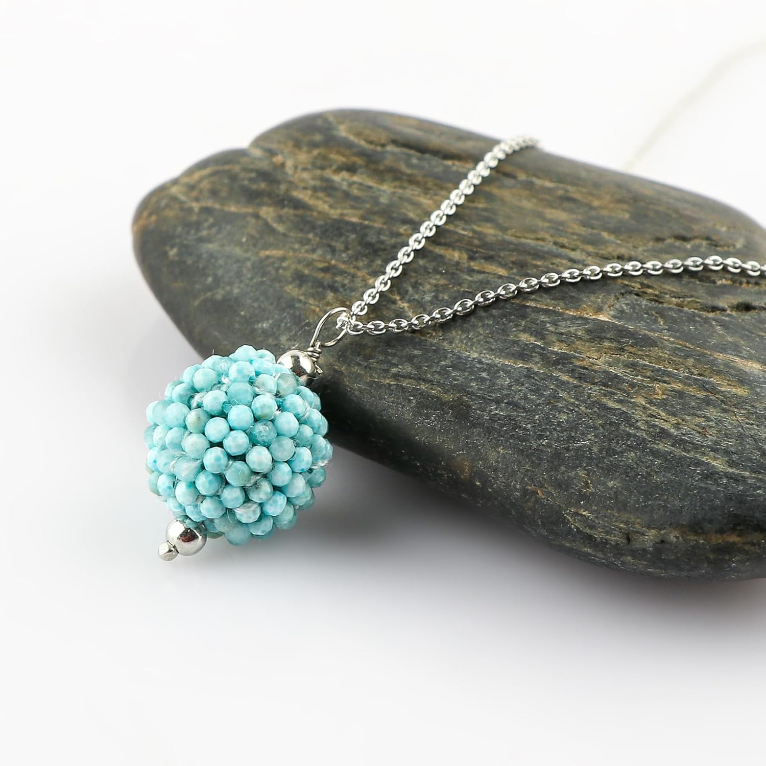 CRYSTALIS Natural Larimar, Pectolite Beads Pendant Necklace, Beaded Micro Framed Crochet Ball Shape Crystals, Chakra Healing Gemstone, Women Jewelry, Sterling Silver 18 inch - Image 3