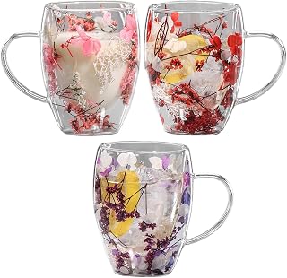 350ml Dried Flowers Double Walled Glass Coffee Mugs - 3Pcs Insulated Heat Resistant Tea Cups with Dry Flowers | värmebeständiga tekoppar med blommor
