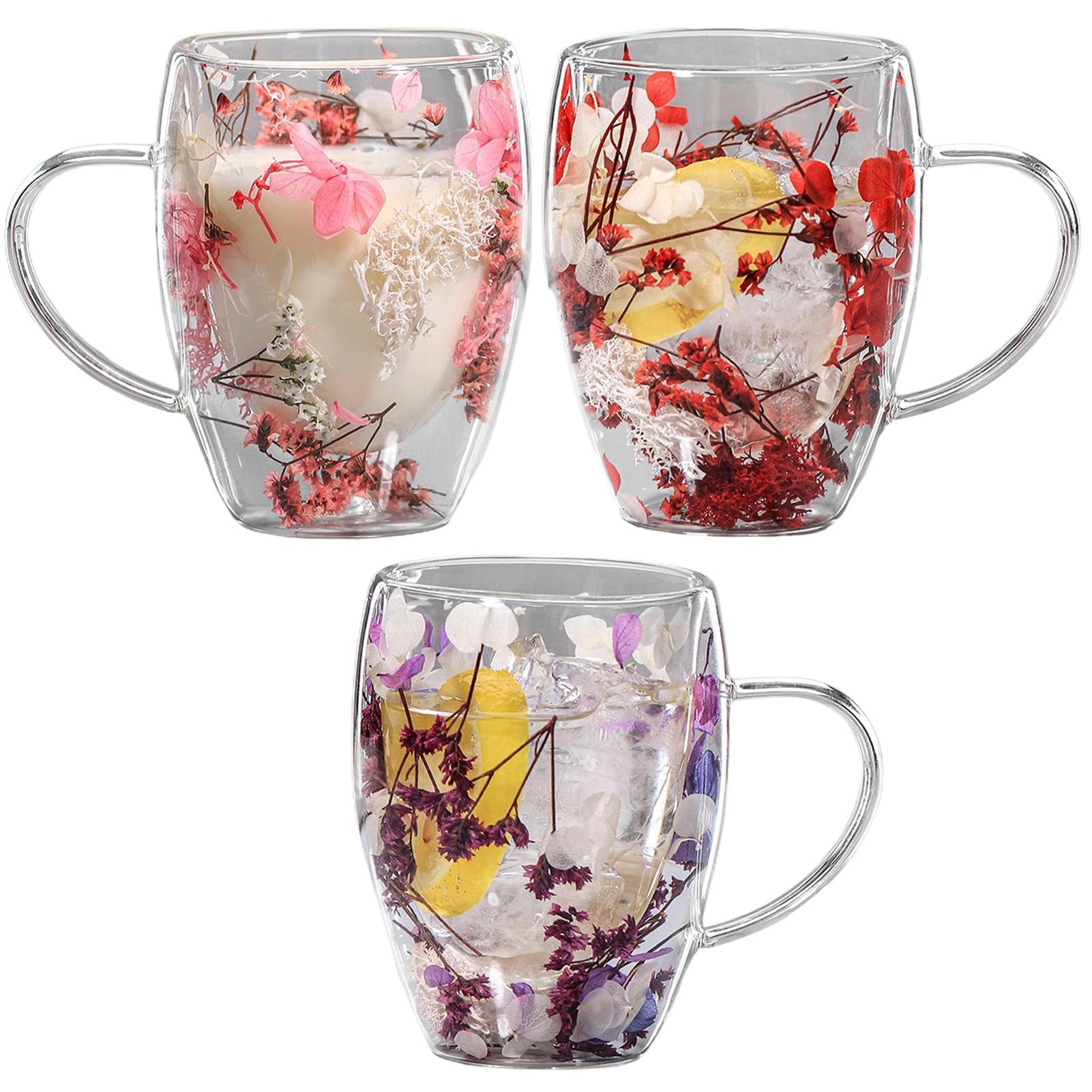 Tazze da caffè in vetro a doppia parete, tazza da caffè in vetro con fiori secchi