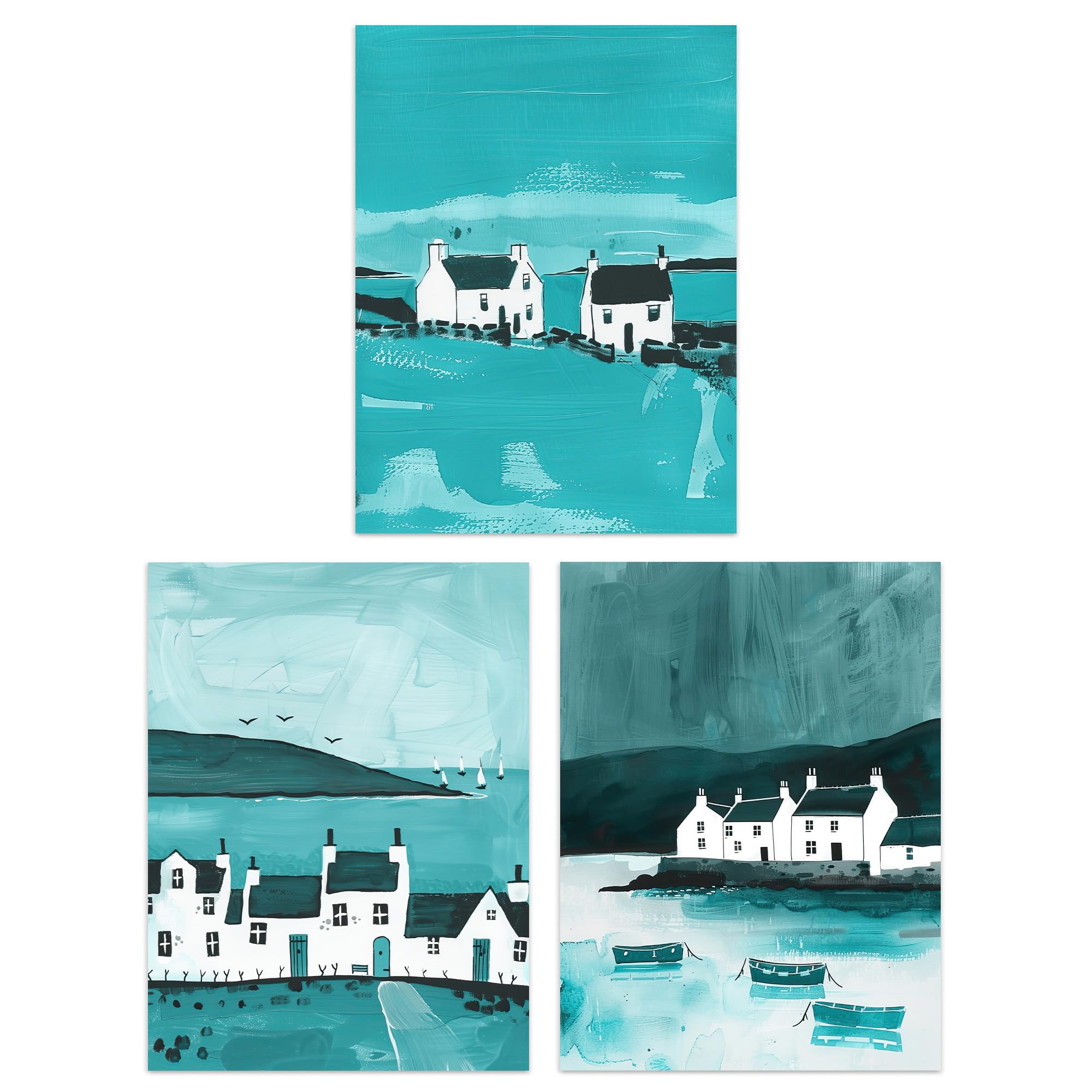 Artery8 Set of 3 Scottish Hebrides Teal Isle Mull Coastal Living Room 12X16 Inch Wall Art Prints Pack