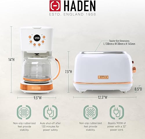 Miniatura 4 de Haden Heritage - Tostadora de acero inoxidable con ranura ancha de 2 rebanadas con 12 tazas de café programable por goteo, cafetera de café, marfil