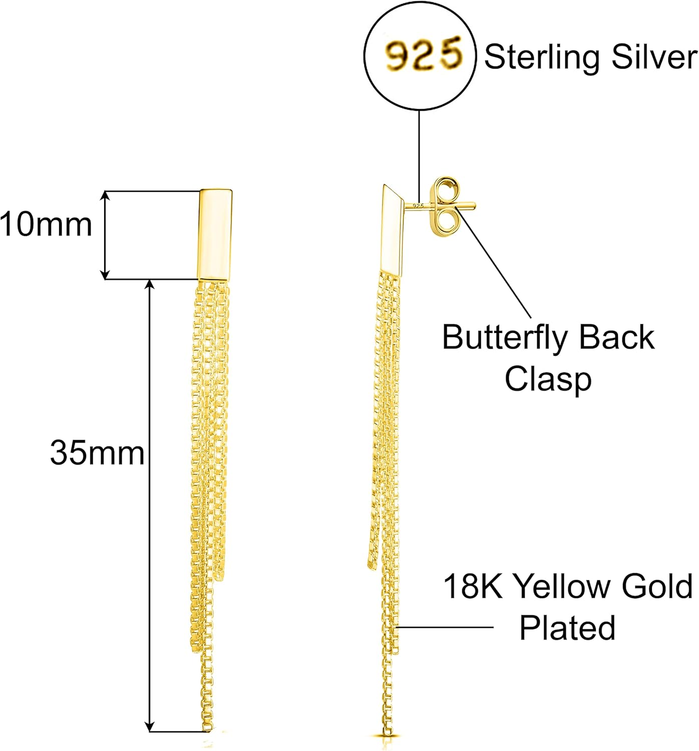 Savlano 925 Sterling Silver Tassel Box Chain Drop Earrings-18K Gold Plated 3-Strand Linear Drop Stud Earrings for Women Comes with Gift Box-Made in Italy - Image 4