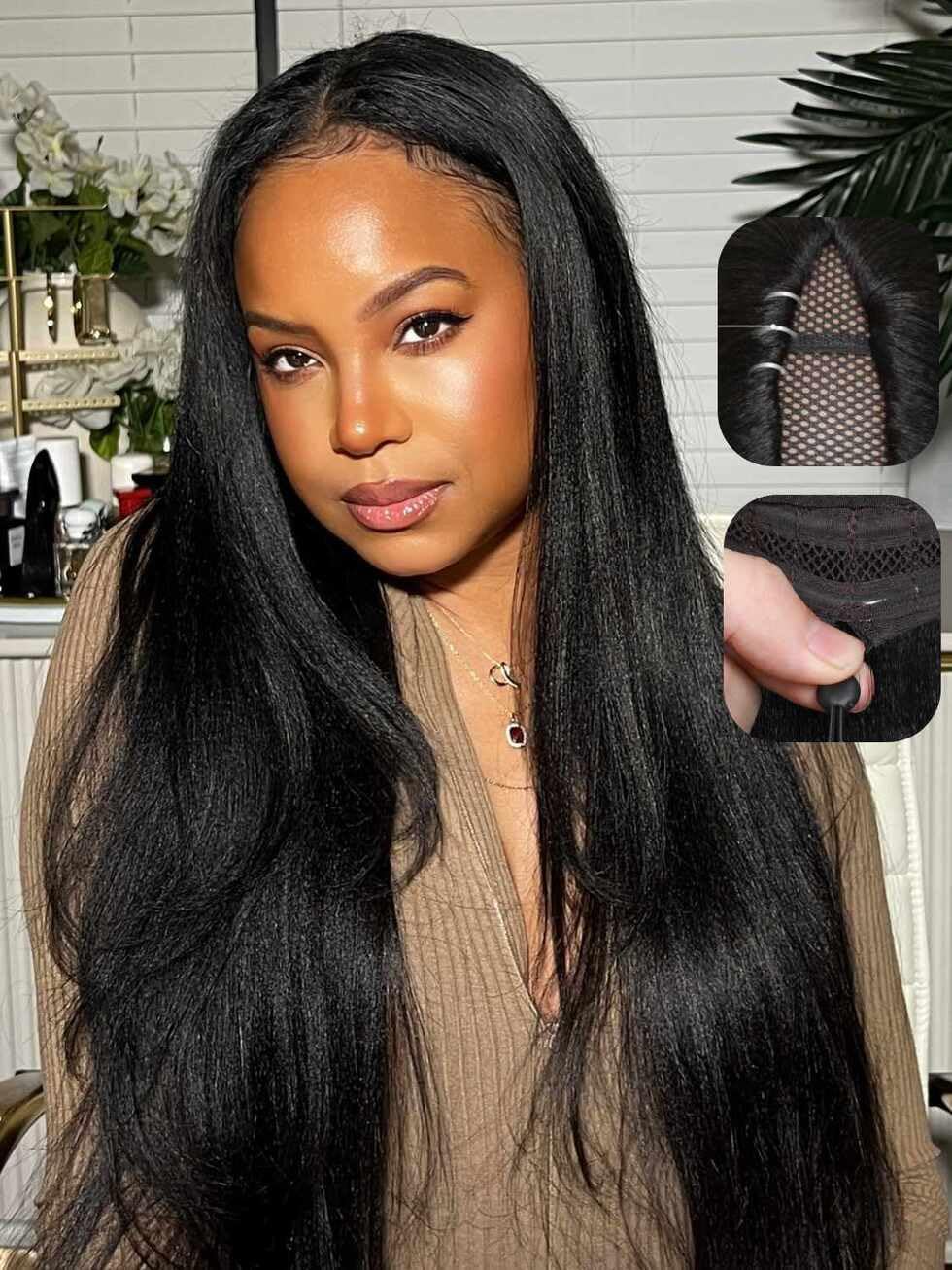 - EasiContour V Part Wigs Human Hair Yaki Straight Upgrade U Part Wigs Glueless Full Head Clip In Half Wig V Shape Drawstring Wigs No Leave Out Natural Color 150% Density 20inch