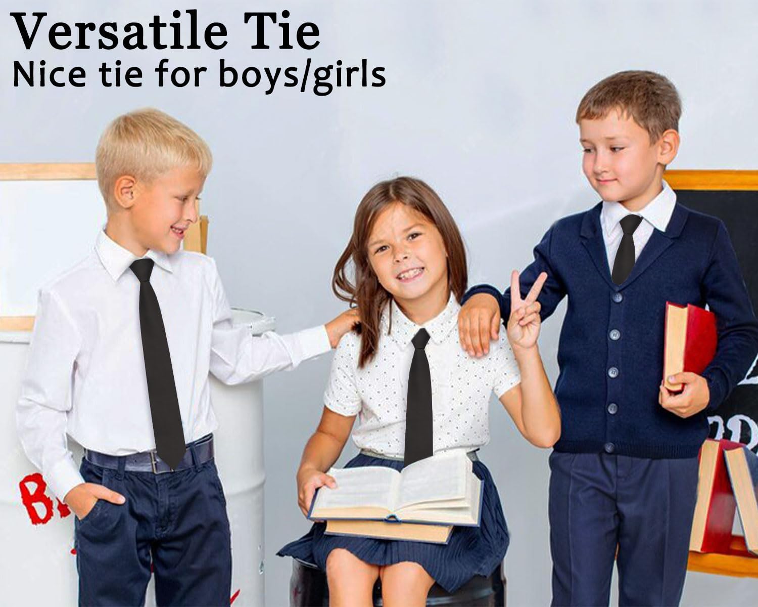 LJBFNN Boys Black Tie, Kids Ties for Boys 6-12 Years Zipper Solid Color Pre-tied Adjustable Necktie for Wedding Graduation