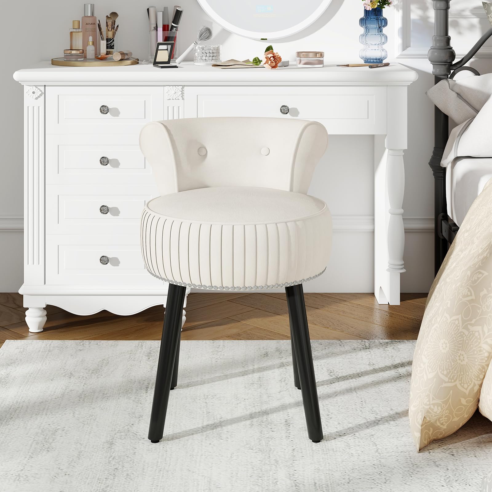 COSTWAY Poltrona da Trucco in Velluto, Sgabello Soggiorno con Gambe in Legno Massello, Sedia d’Accent per Camera da Letto, Soggiorno, Portata 110 kg (Bianco)