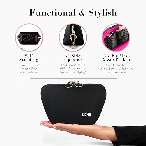 Miniatura 3 de KUSSHI Bolsa de maquillaje de viaje lavable para bolso (todos los días, negro satinadorosa)