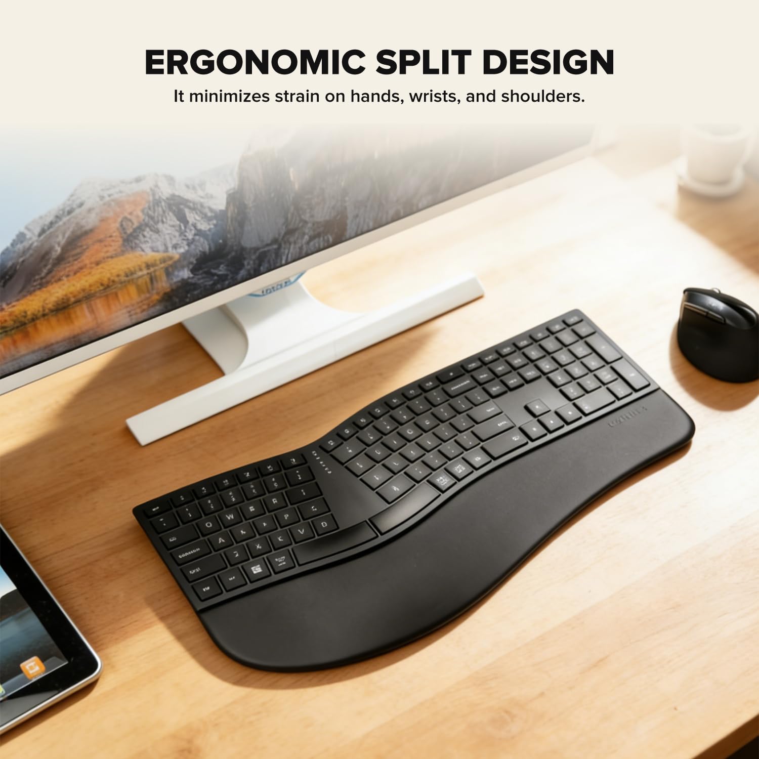(Upgraded) DELUX Ergonomic Wireless Keyboard w Cushioned Wrist Rest, Wave Keys, 2.4GHz & Bluetooth Connection, Full Size Wireless Rechargeable Computer Keyboard for Windows, Mac OS, Laptop, PC (GM909) — view 8