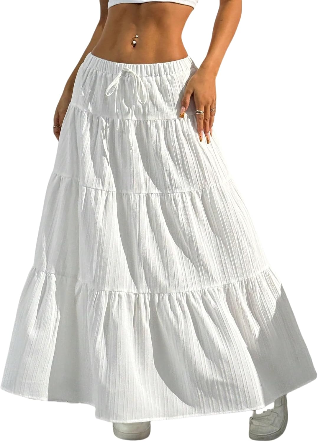 QJQ Women's Summer Boho Flowy Flared Ruffle Maxi Skirt 2025 Tiered A Line Elastic High Waisted Long Skirts White Medium
