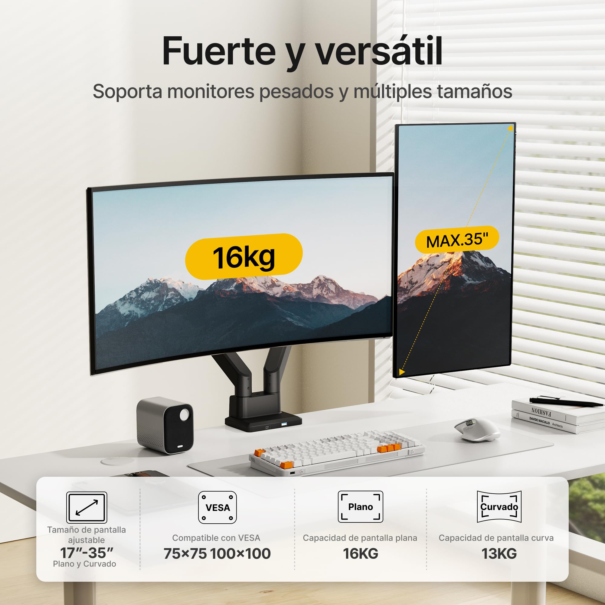 monTEK Brazo Monitor Doble con Puerto USB para Pantallas 17-35" | Soporta hasta 16kg, VESA 75/100mm, inclinación y giro, gestión de cables, montaje pinza u ojal.