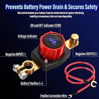 SUNMORN Battery Disconnect Switch, 12V Cut Off IP67 Waterproof Shut Off Switch, for Car, Truck, RV, Boat, Marine, Tractor, SUV, Off-Road, Prevent Battery Drain (Top Post with LED Voltmeter)