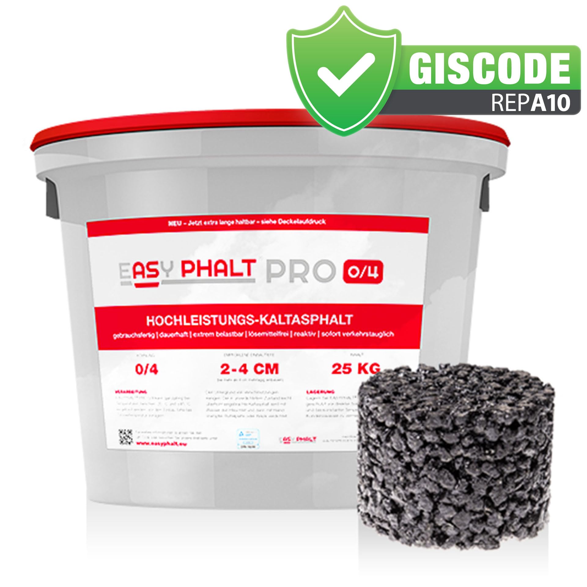 PRO Kaltasphalt 0-4 mm 25 kg im wiederverschließbaren Eimer – Gebrauchsfertiger Reparaturasphalt – Kaltbitumen zur Beseitigung von Rissen & Fahrbahnschäden