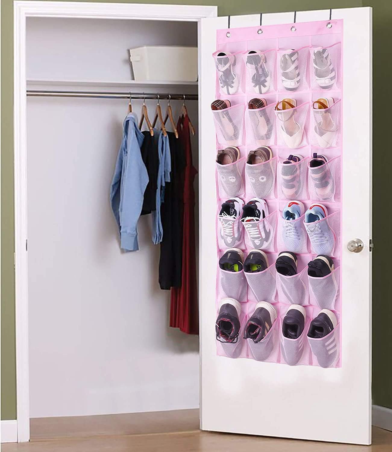 MISSLO Kids Over Door Hanging Shoe Storage Organiser Baby Closet Storage Rack Breathable 24 Large Mesh Pockets for Toddler Girl, Pink