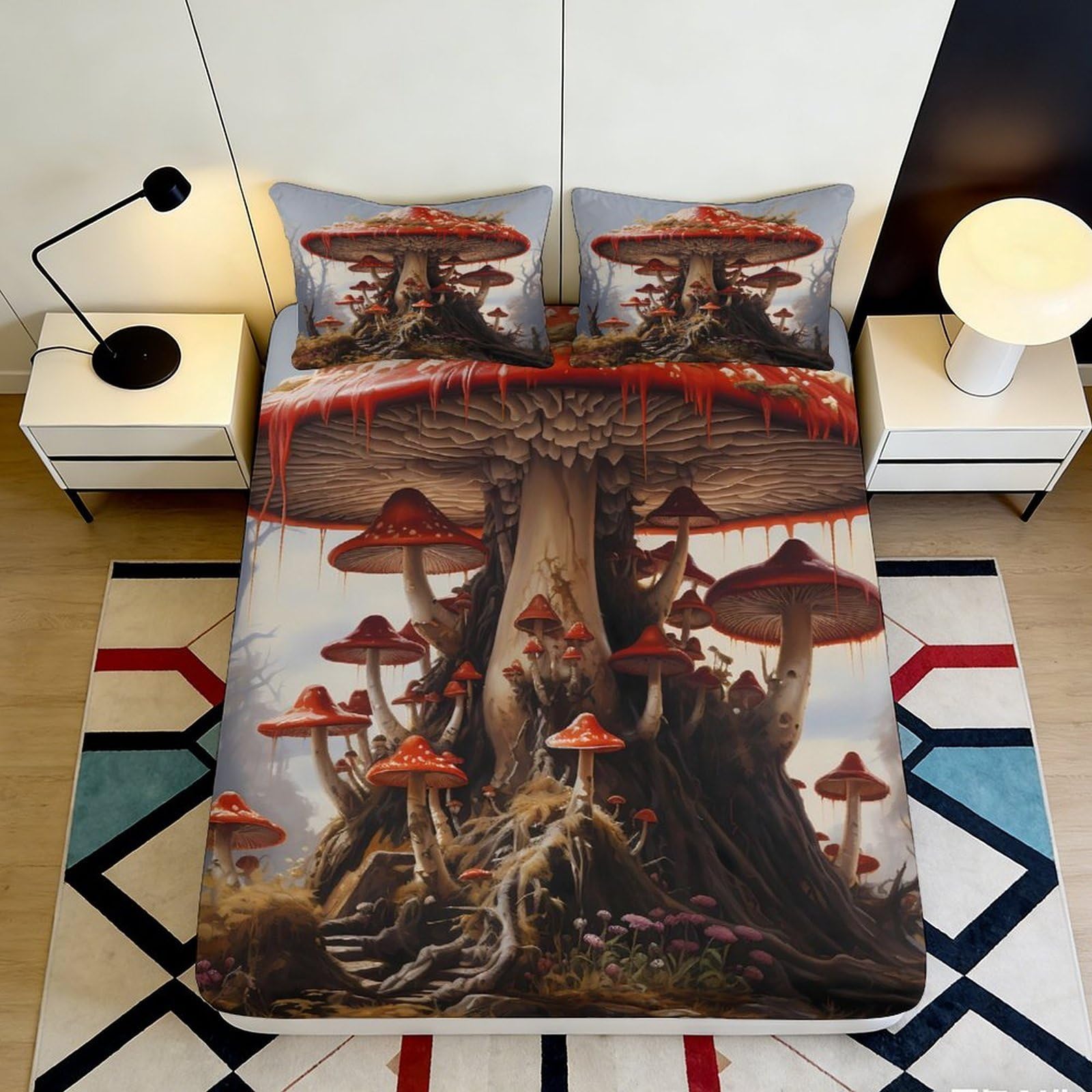 3D Printed Fantasy Mushroom Forest Fitted Sheet Microfiber Soft Mattress Cover for Bedroom Dorm Artistic Decor 140x200x25cm