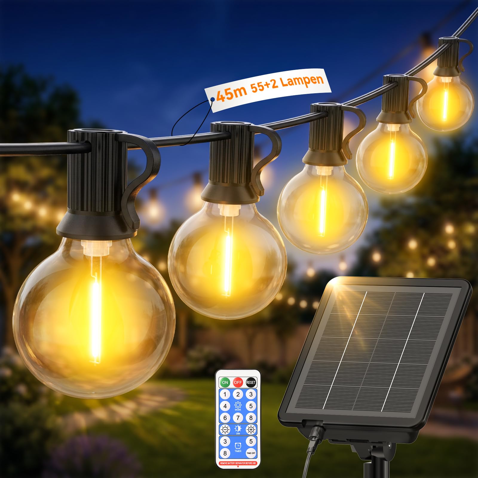 Solar Lichterkette Outdoor Wetterfest Außen - 45M G40 LED lichterkette außen solar 55+2 glühbirnen wasserdicht 8 modi Warmweiß solarlichterkette mit fernbedienung party deko für pavillon balkon garten