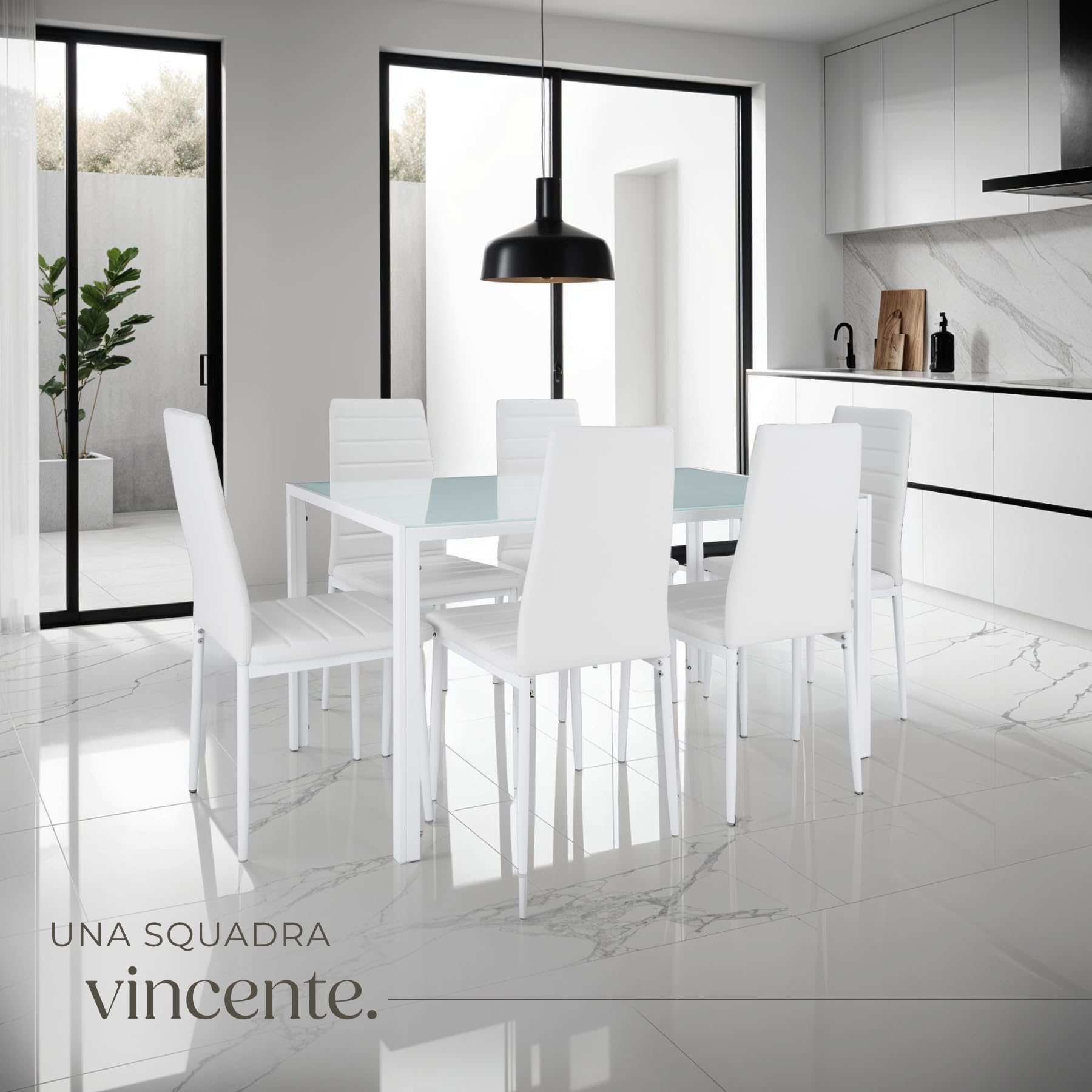 TecTake® Set di Mobili per Sala da Pranzo, 6 Sedie in Similpelle Resistente, Tavolo con Piano in Vetro, Design Moderno, Piedini SalvaPavimento, Ideale per Cucina e Soggiorno - Bianco