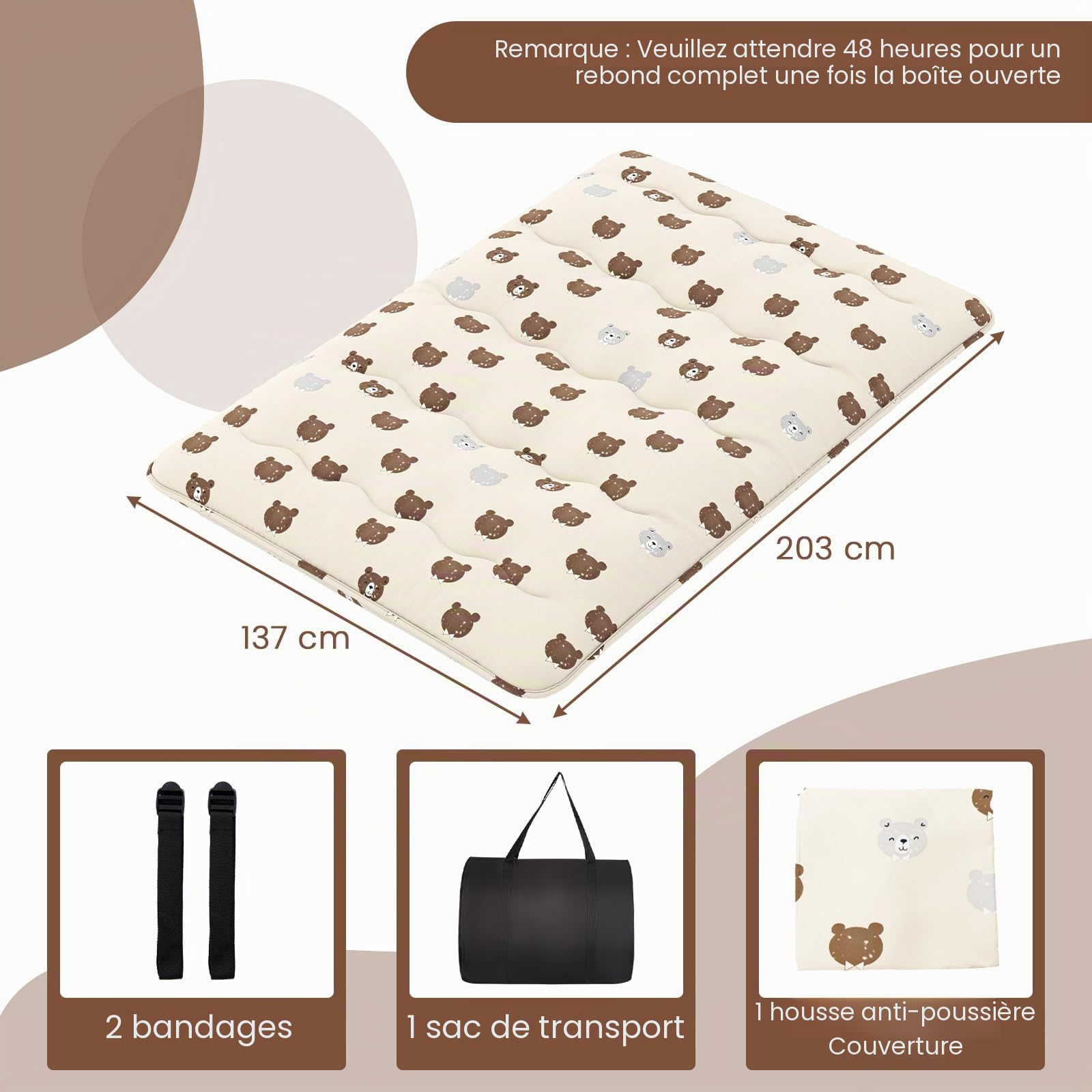 FANTASK Matelas futon Japonais, 140 x 200 cm, en Tatami, de Sol, Pliable, avec Housse Lavable, Ours Marron