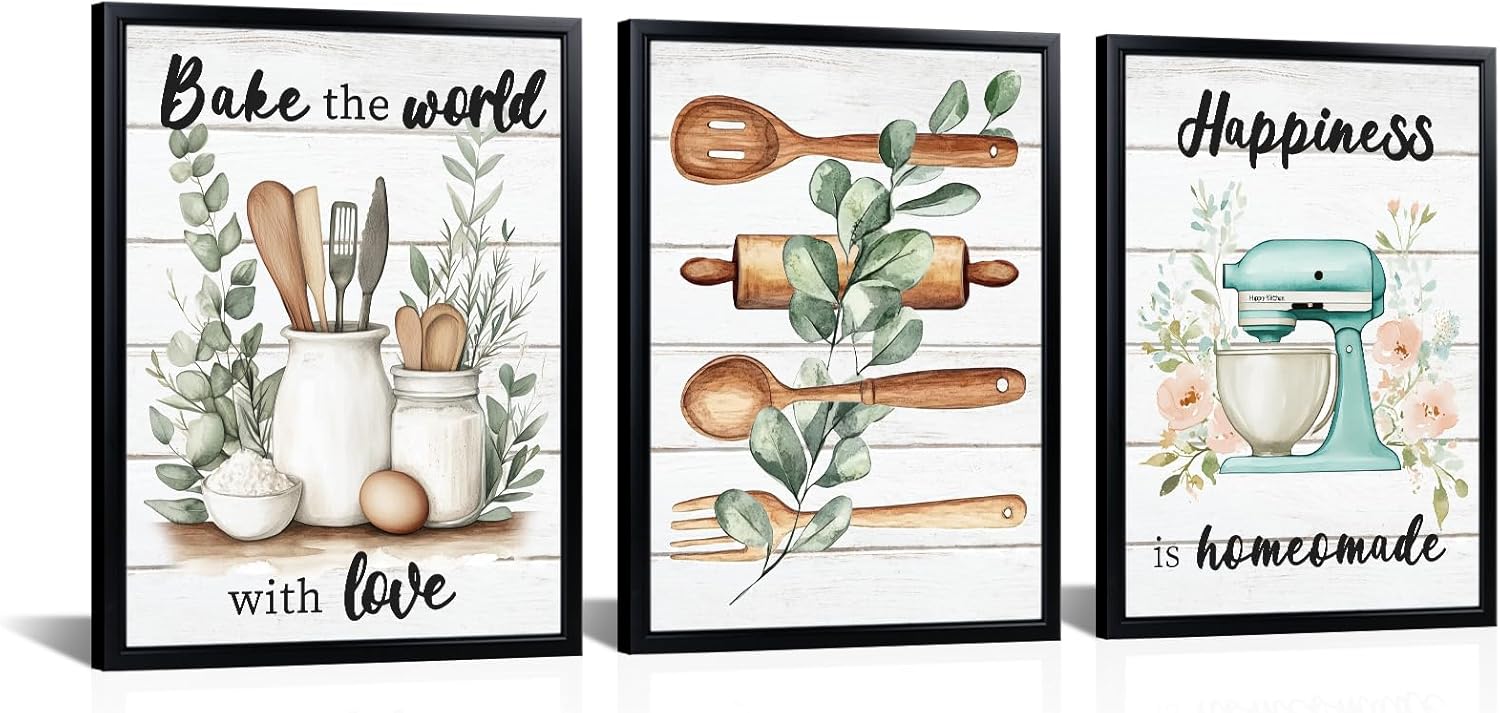 LyerArtork Sage Green Farmhouse Kitchen Wall Art Rustic Boho Minimalist Canvas Prints Fork Spoon Tableware Mixer Botanical Leaves Pictures Artwork Wall Decor for Dining Room Black Framed 12x16inchx3