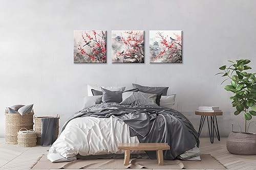 Miniatura 5 de Acuarela de estilo asiático tradicional chino arte de pared pájaro en flor de cerezo rojo, decoración de paisaje floral oriental, pintura de flores,
